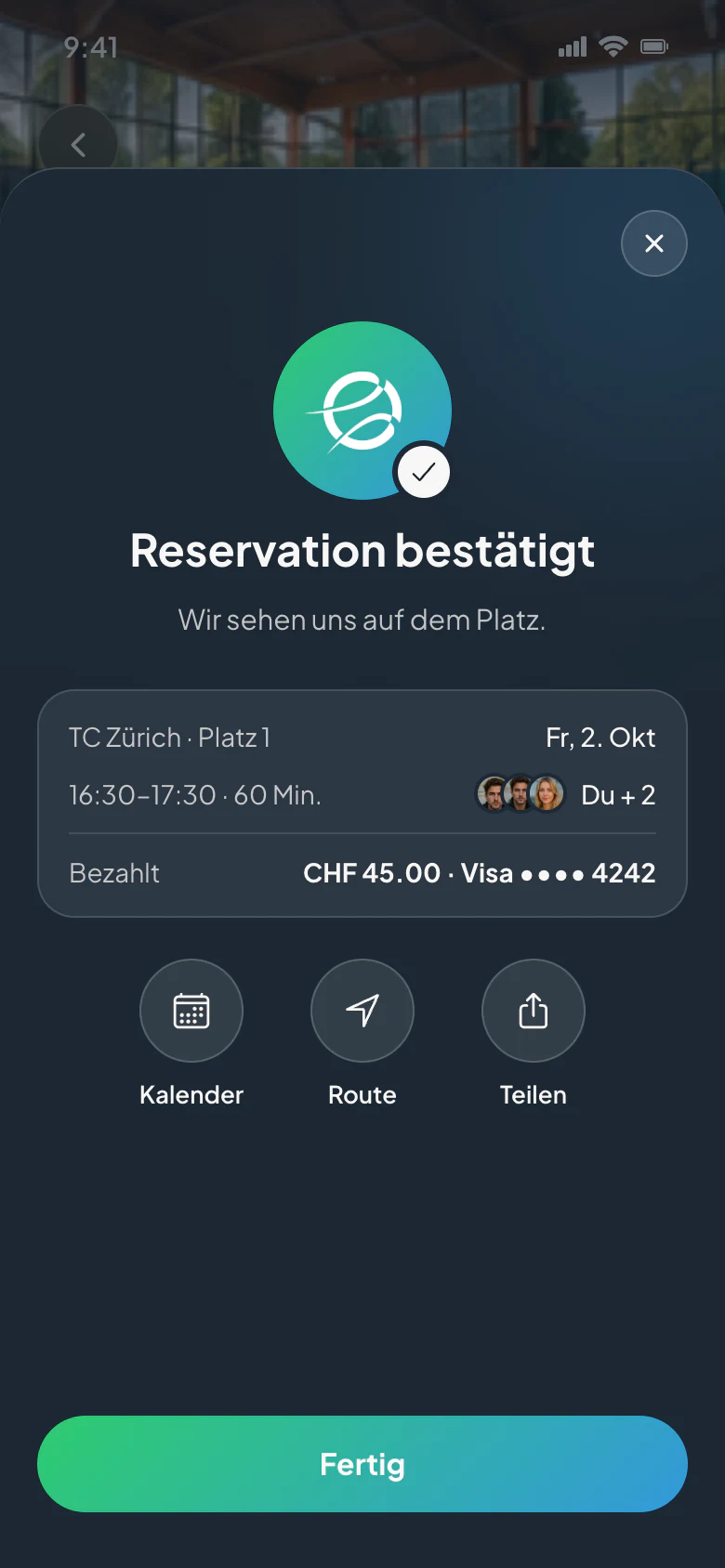 CourtWize-App: Reservation bestätigt