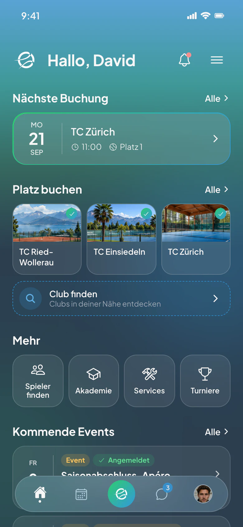 CourtWize-App: Startseite mit nächster Buchung und Clubs
